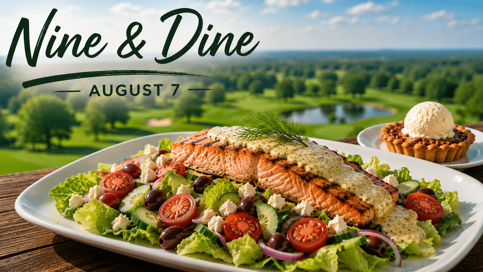 Salmon fillet with creamy dill sauce on a colorful salad, set on a wooden table with a golf course backdrop and a dessert tart; 'Nine & Dine' August 7 (promo image).