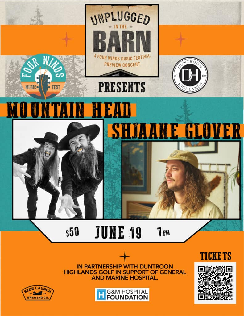 Festival poster for 'Unplugged in the Barn' with sponsor logos, photos of performers, and ticket/date details (June 19, 7 PM).
