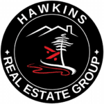 Logo for Hawkins Real Estate Group: circular black emblem with 'HAWKINS' top and 'REAL ESTATE GROUP' bottom, featuring a stylized house, mountain, tree and red wave.