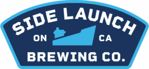 Logo badge for Side Launch Brewing Co., featuring a stylized blue boat hull on a dark blue field with light blue border and bold white text.