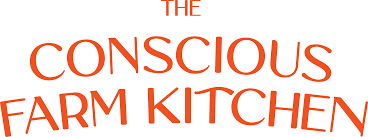 Brand logo reading 'The Conscious Farm Kitchen' in orange curved lettering.