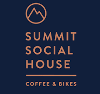 Logo for Summit Social House with a circular mountain icon and the text 'Summit Social House' and 'Coffee & Bikes' on a navy background.