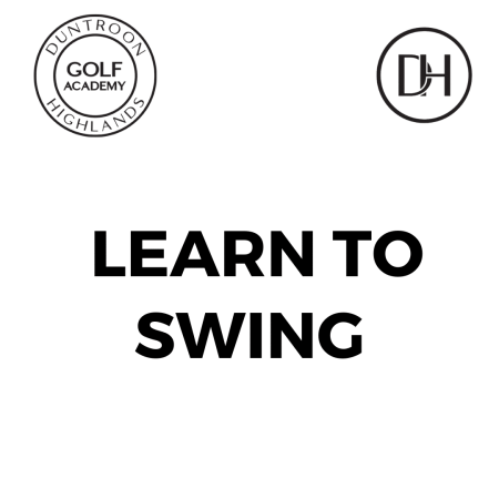Left circular golf academy logo and a right round monogram logo with bold 'LEARN TO SWING' text centered below.