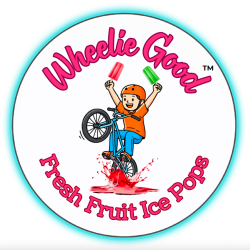 Logo for Wheelie Good Fresh Fruit Ice Pops: a child on a bicycle jumping with red and green popsicles, splash beneath, within a circular badge.